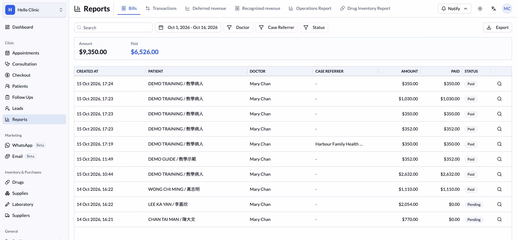 Step 2 — Bills shows dates, Amount, Paid and the Export button at the top right.