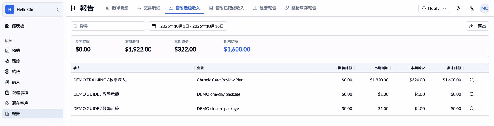 步驟 4 — 套餐遞延收入顯示四個價值欄位及匯出入口。