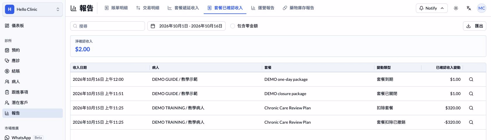 步驟 4 — 套餐收入事件可包含正數、負數、到期及關閉事件。