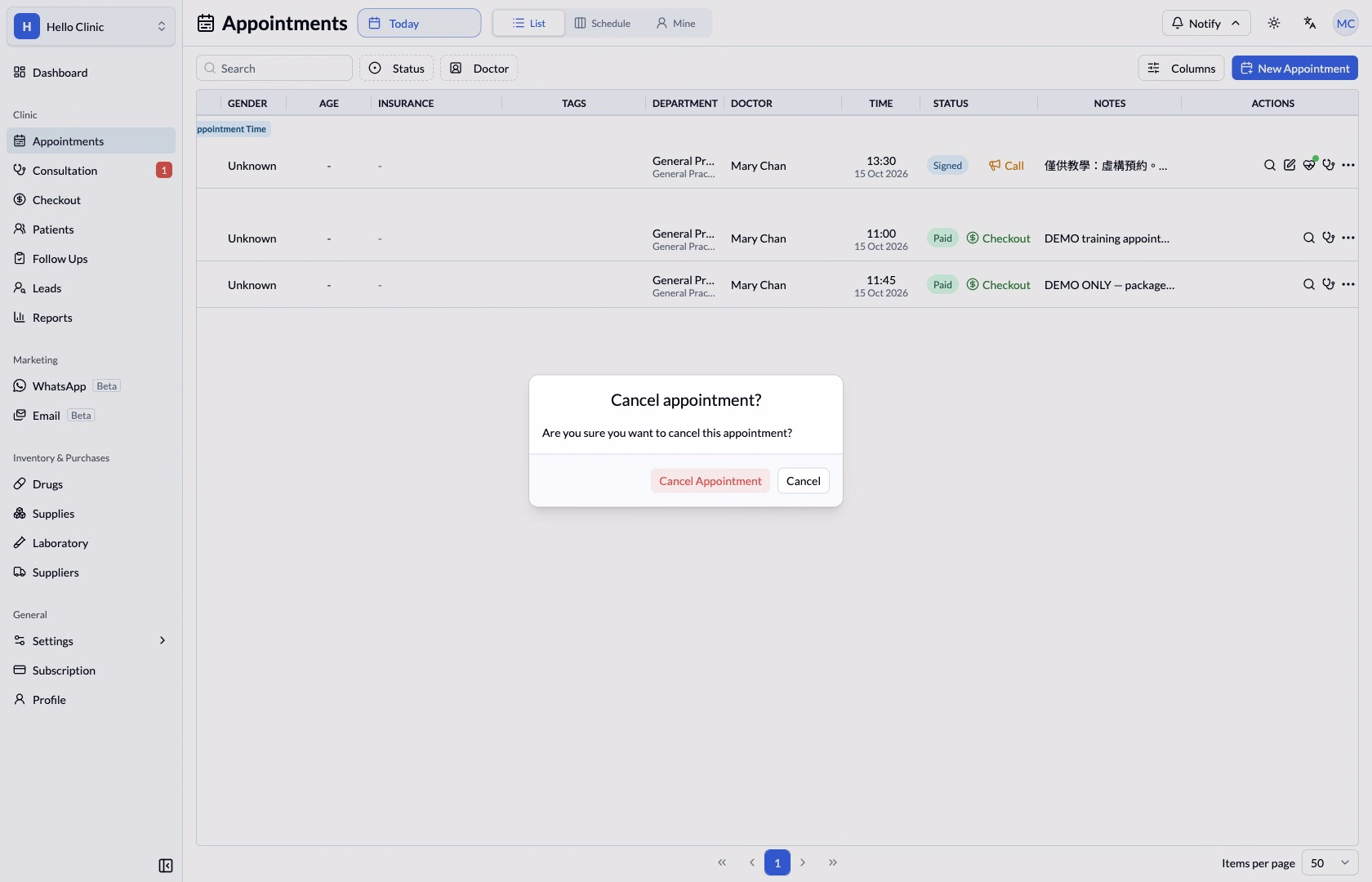 Cancel appointment confirmation with Cancel Appointment and Cancel