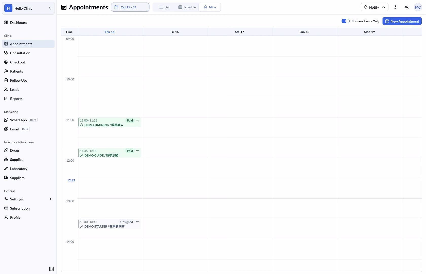 Mine view with a seven-day calendar and a fictional appointment