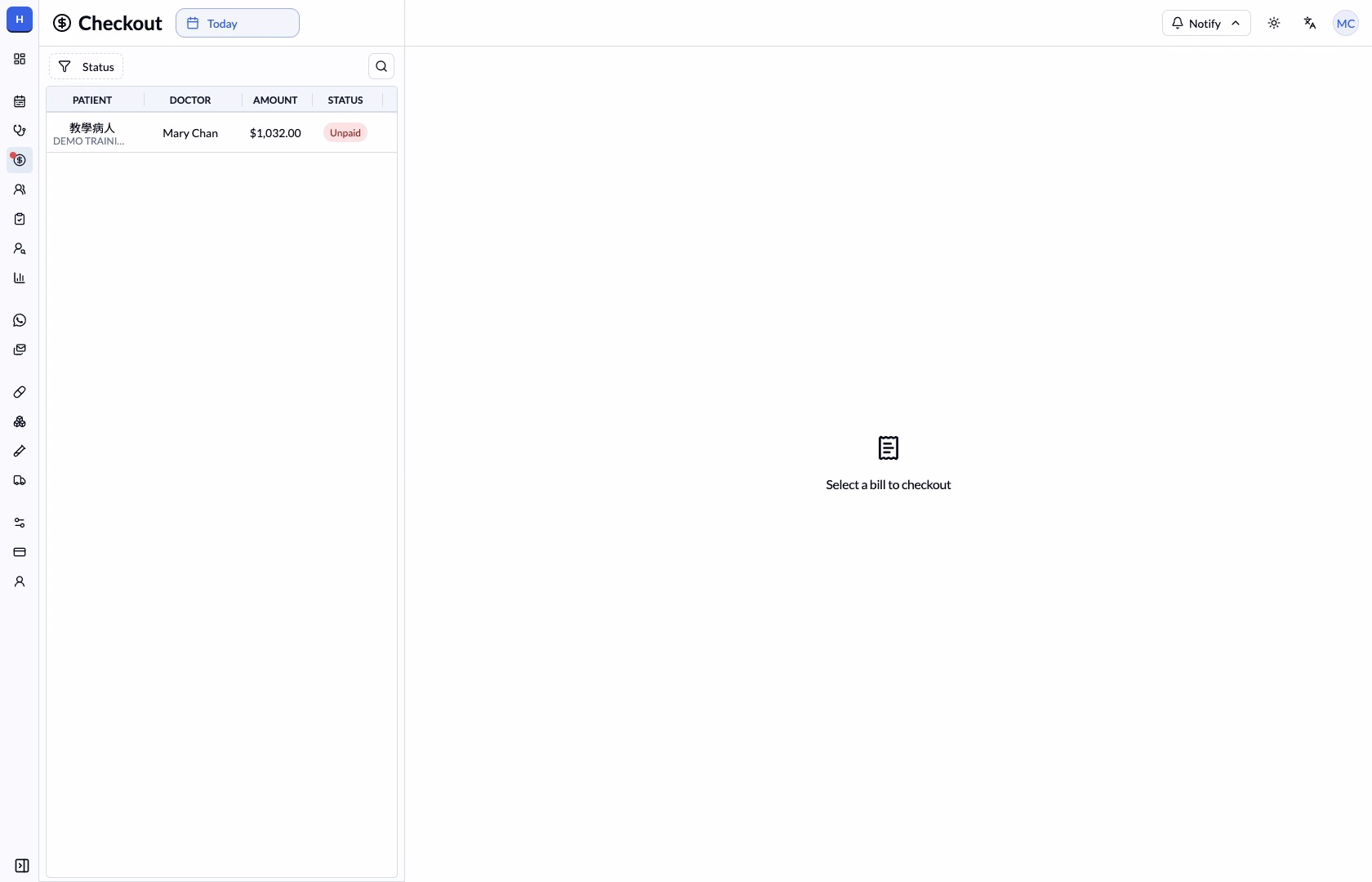 Step 1 — Select the correct bill and patient.