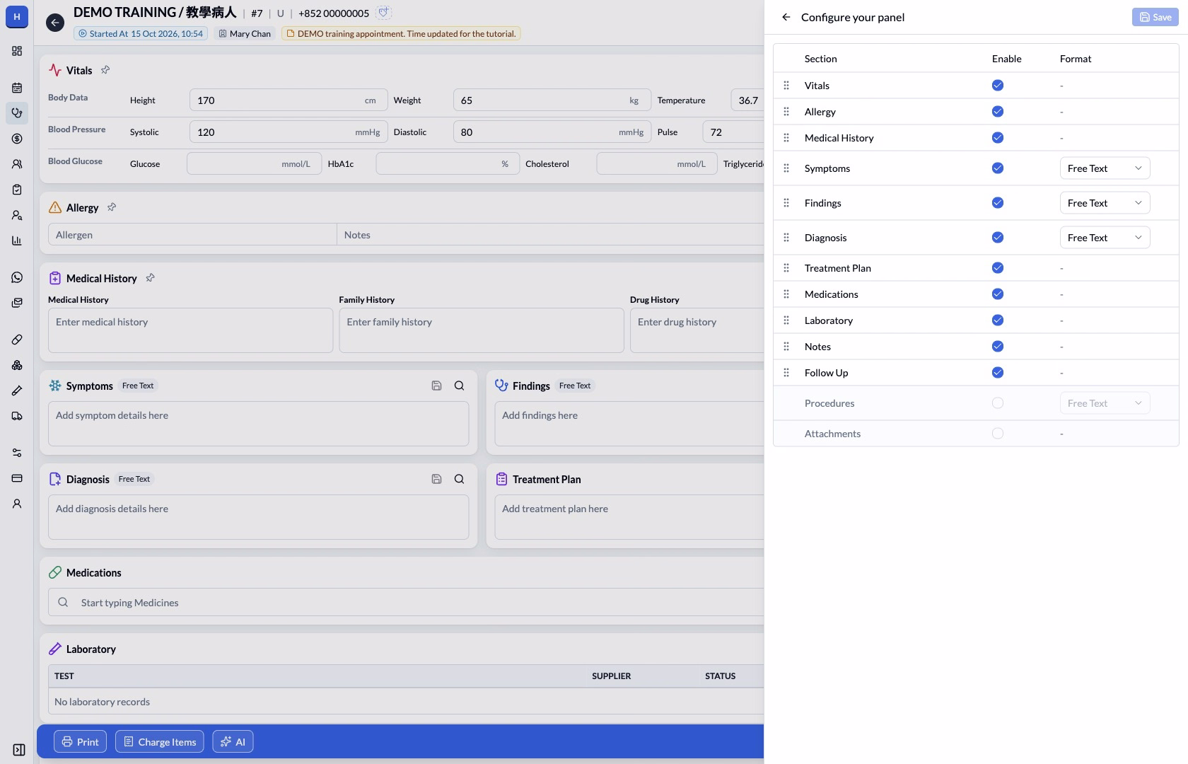 Configure your panel with section checkboxes