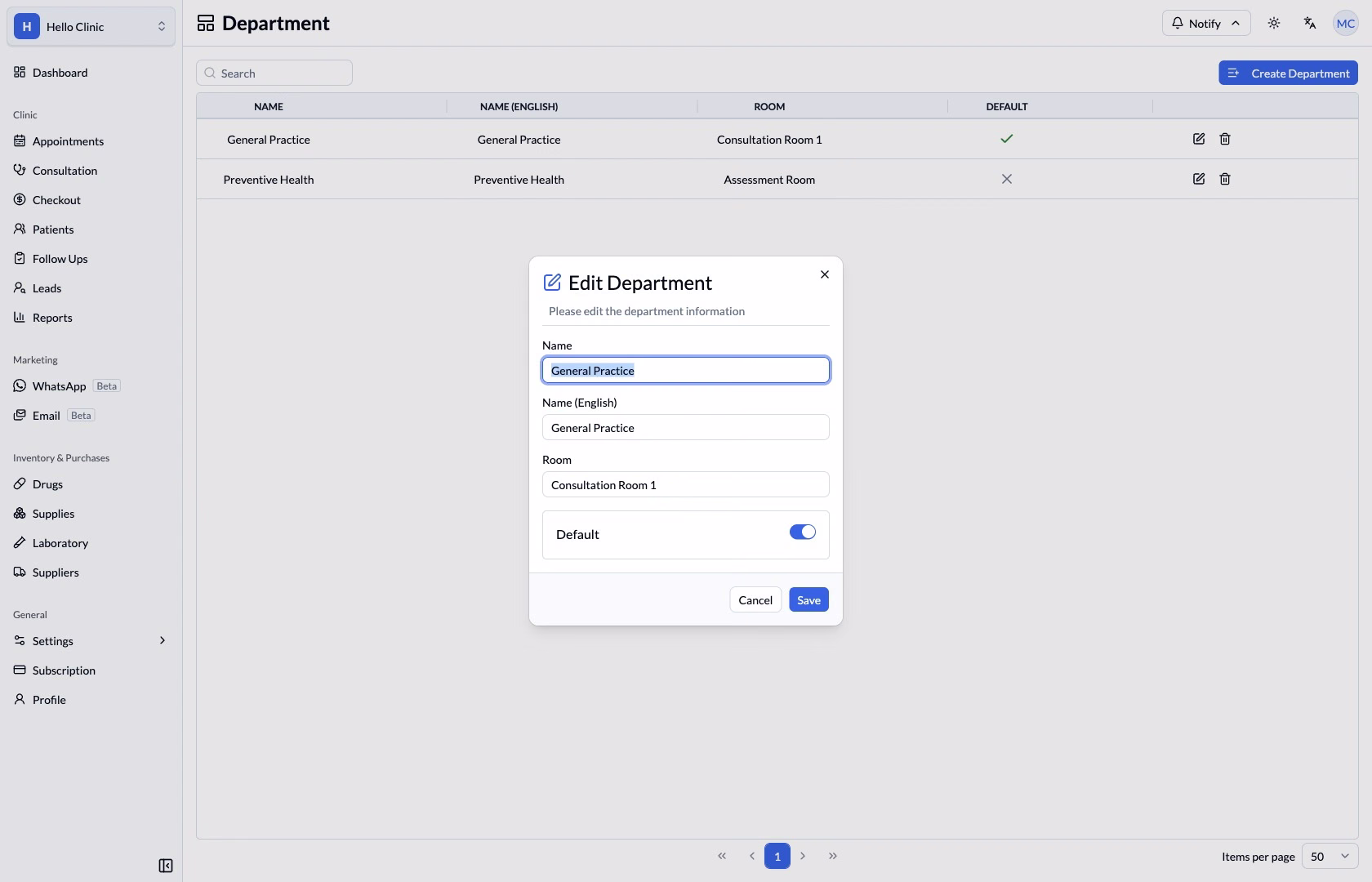 Department editor with room and default fields