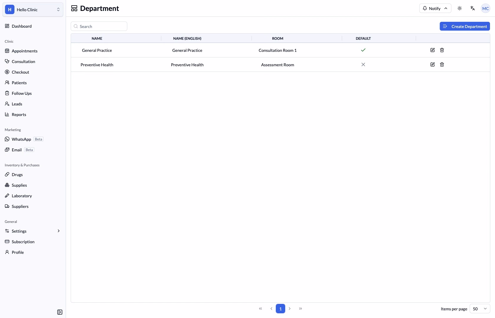 Department list and create action