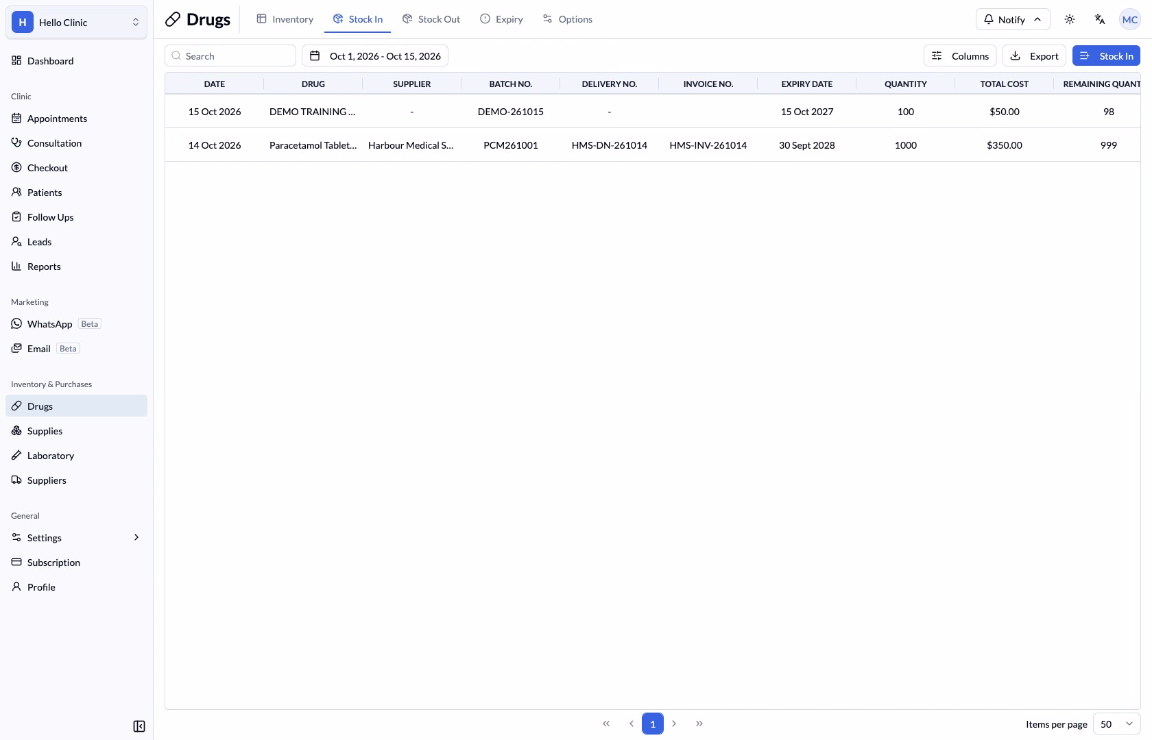 Step 5 — The stock-in list shows 100 units received in batch DEMO-261015.