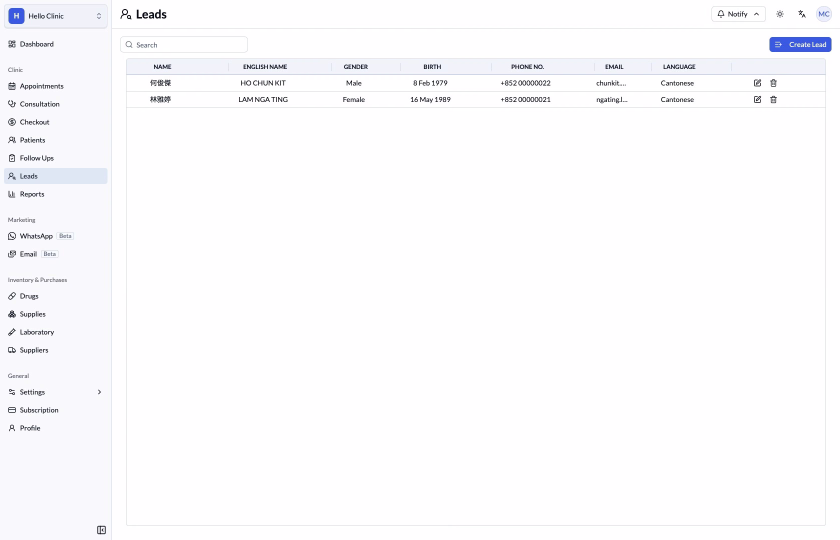 Lead list after the example was converted to a patient