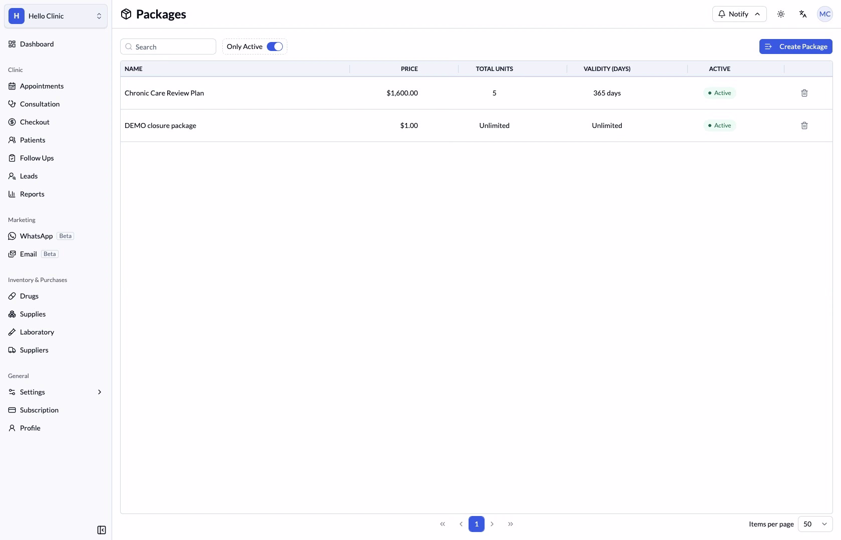 Active-only package list hiding the inactive one-day definition