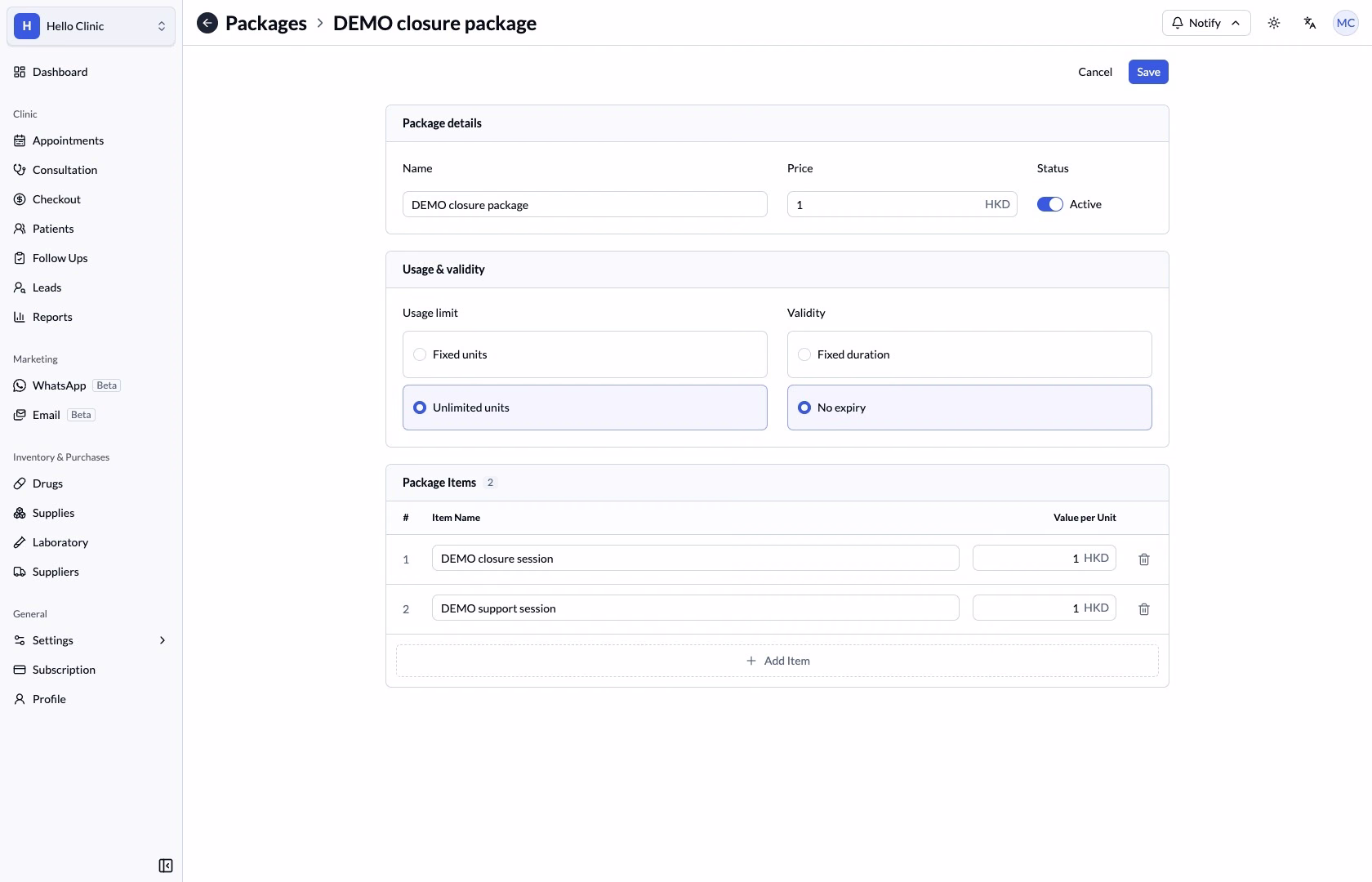 Package draft with two named items and separate values per unit