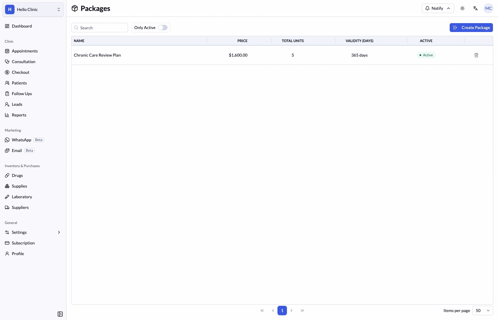 Package settings list with search, active filter and package names