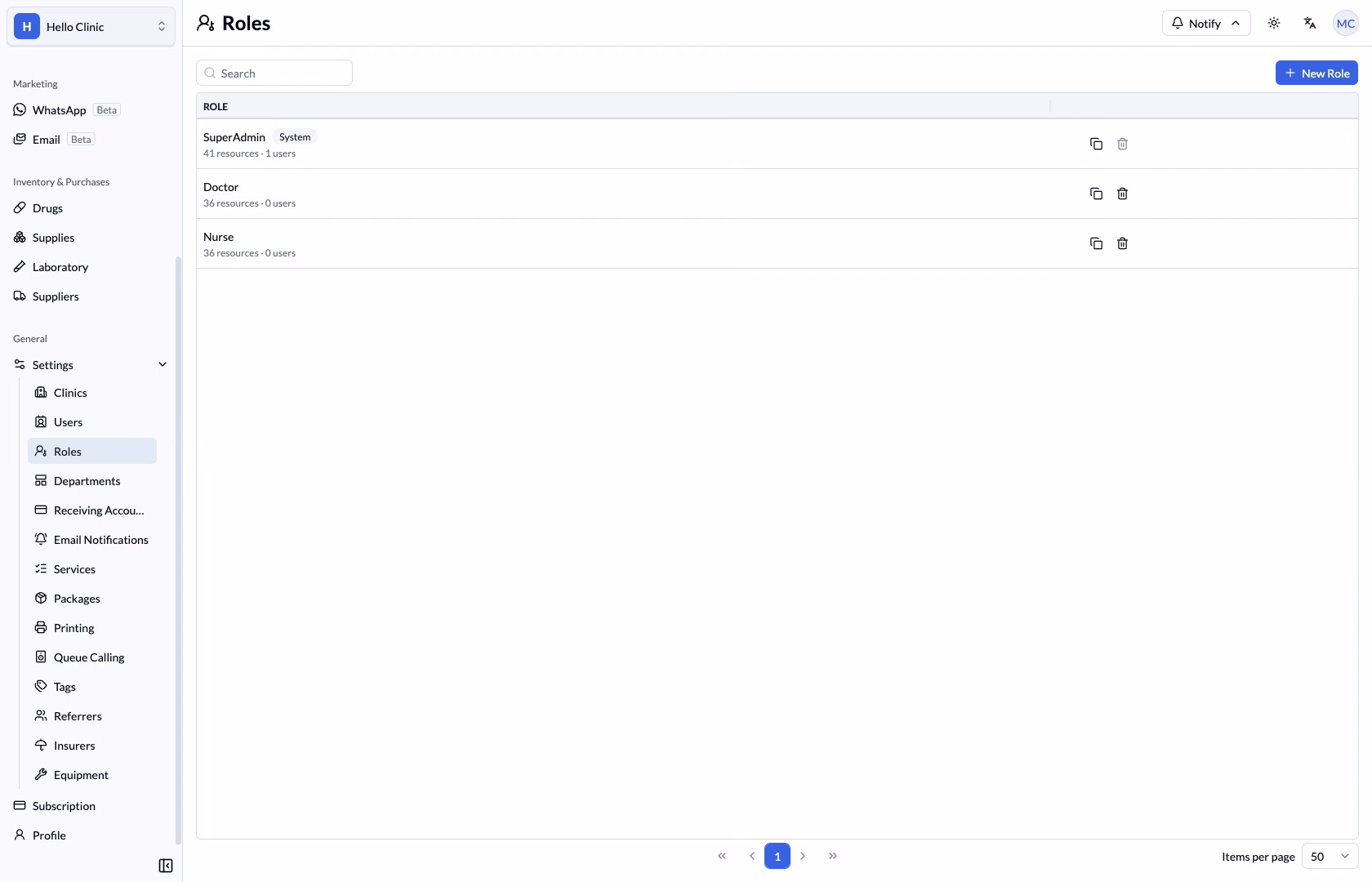 Roles list showing resource and user counts