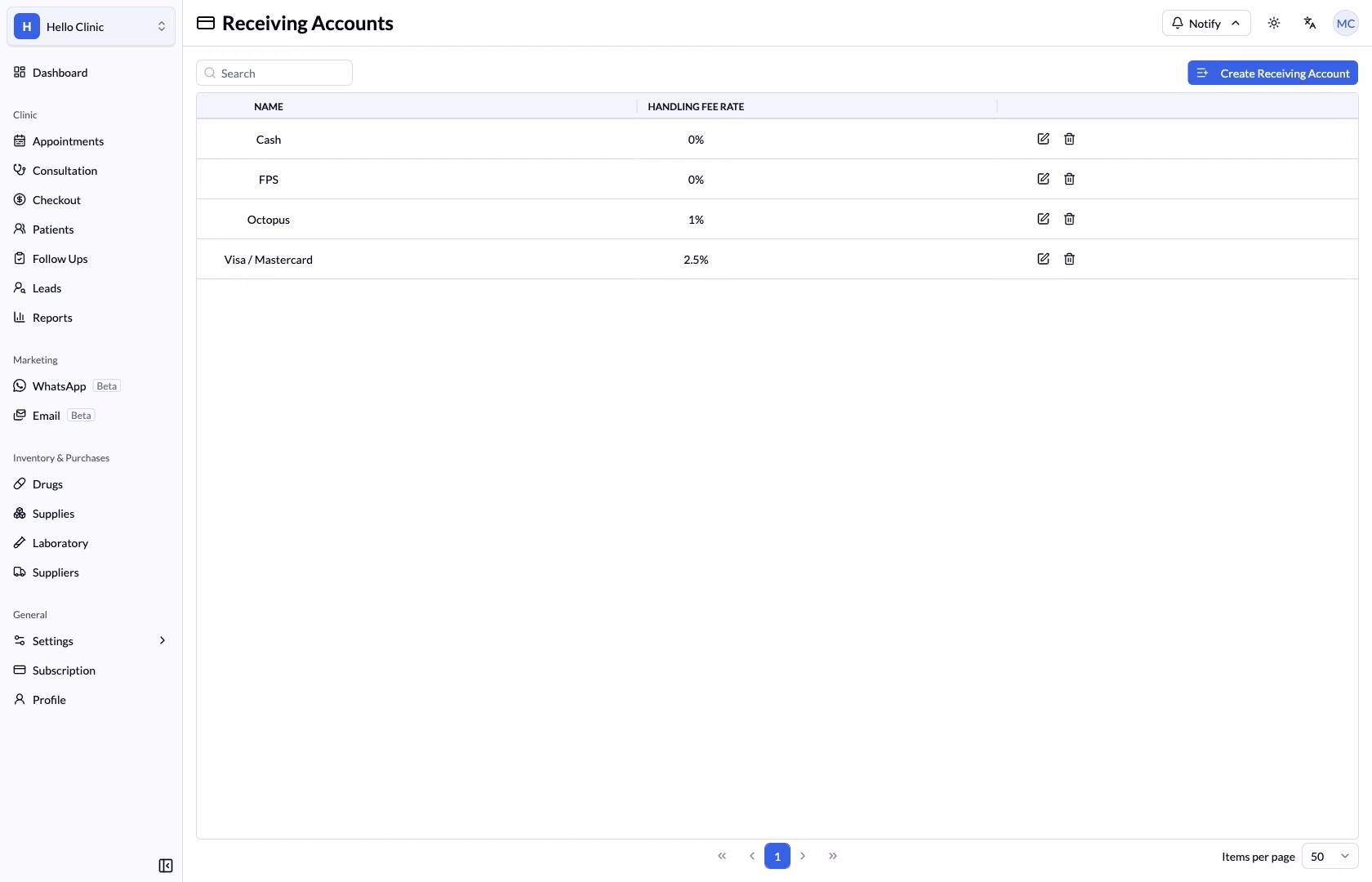 Step 1 — Receiving Accounts shows names and fee rates.