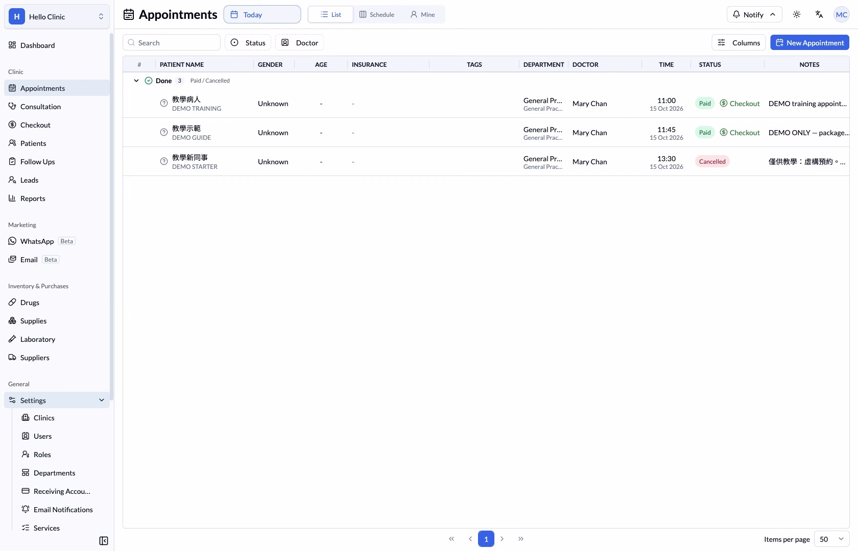 Expanded Settings menu with clinic, user, role and department links