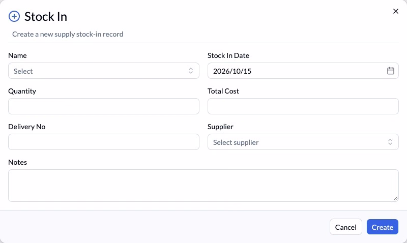 Step 15 — Supply stock-in selects an existing item and records quantity and total cost.